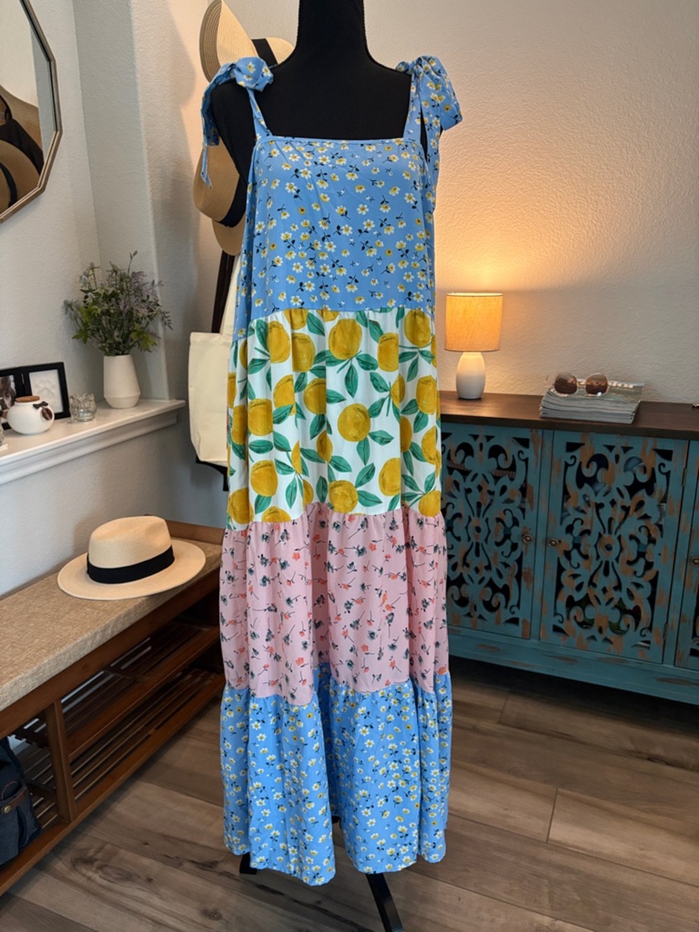 Blue Floral & Lemon Tiered Maxi Dress